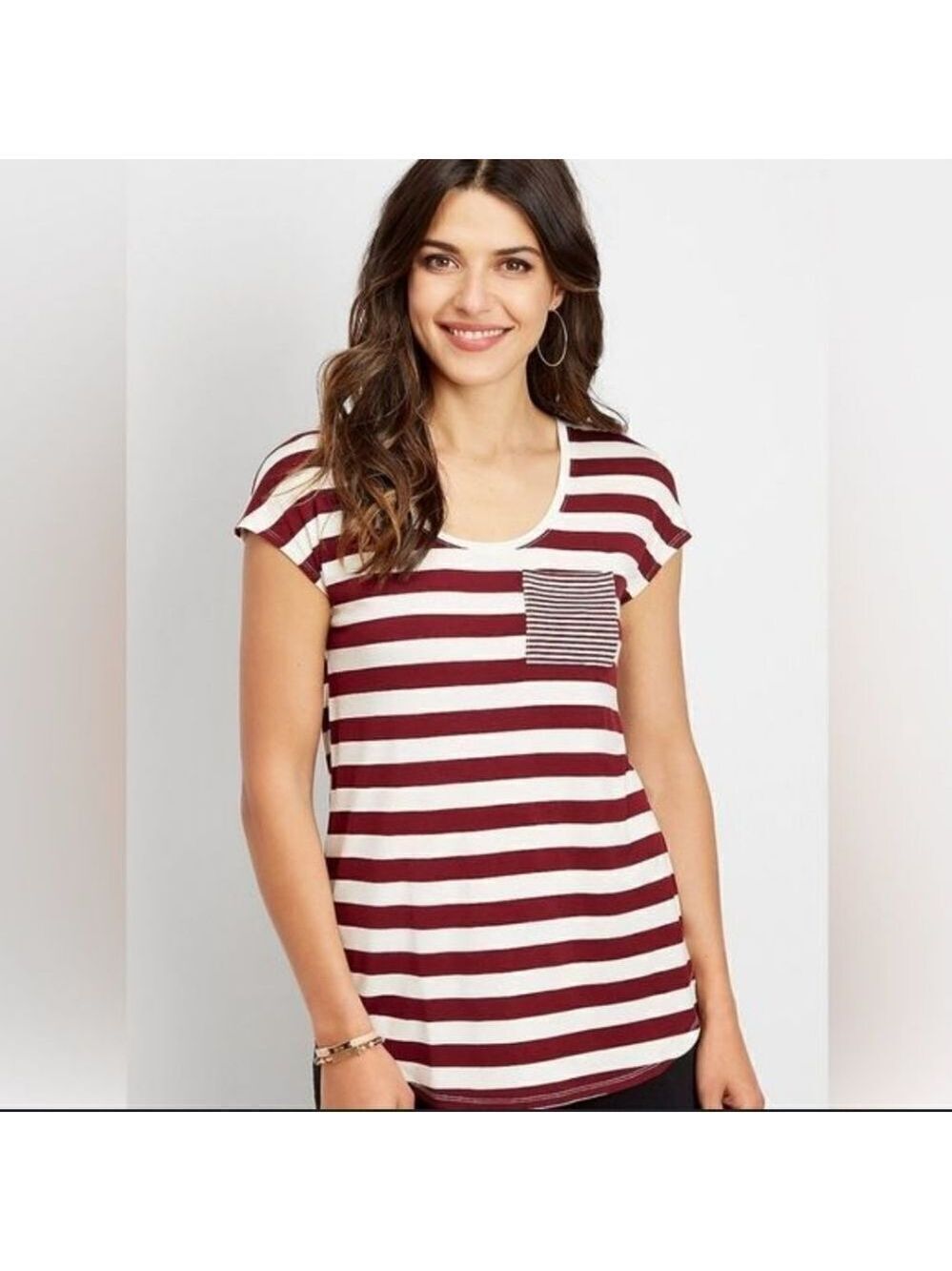 24/7 Maurices Stripe Print Pocket Dolman Tee Burgundy and White Size Medium